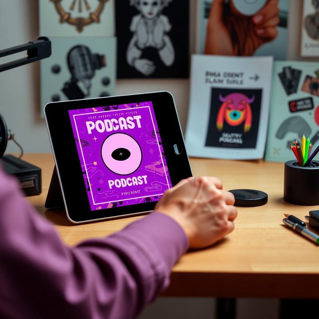 Designer creating bold podcast cover artwork on a tablet