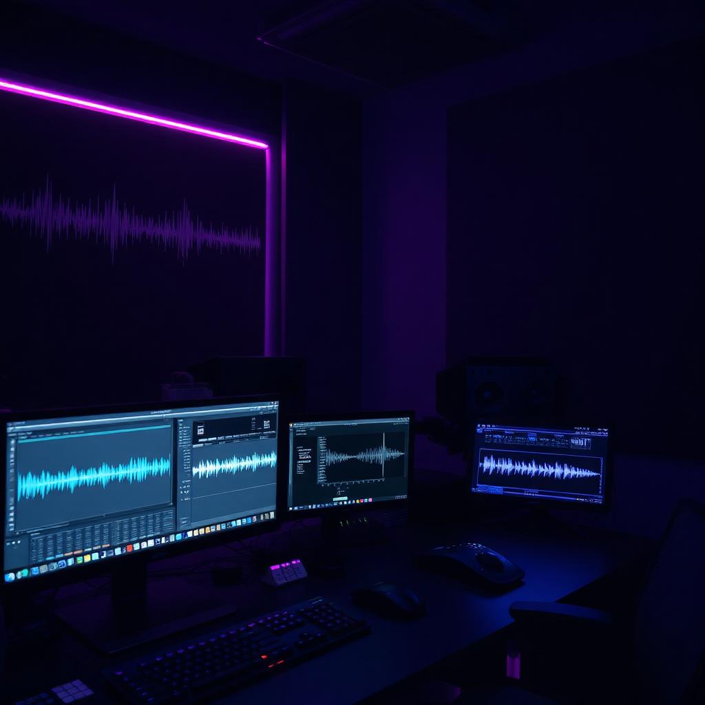 Podcast audio editor working on waveforms across multiple monitors