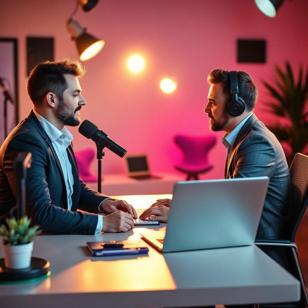 Podcast consultant advising a client across a desk