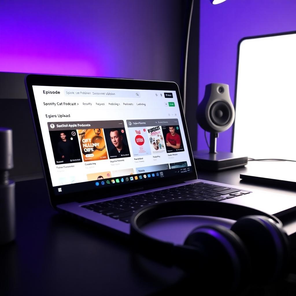 Podcast publishing dashboard on a laptop pushing episodes to major platforms