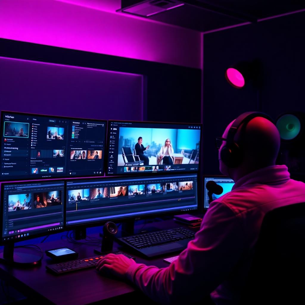 Video editor cutting a multi-camera podcast timeline